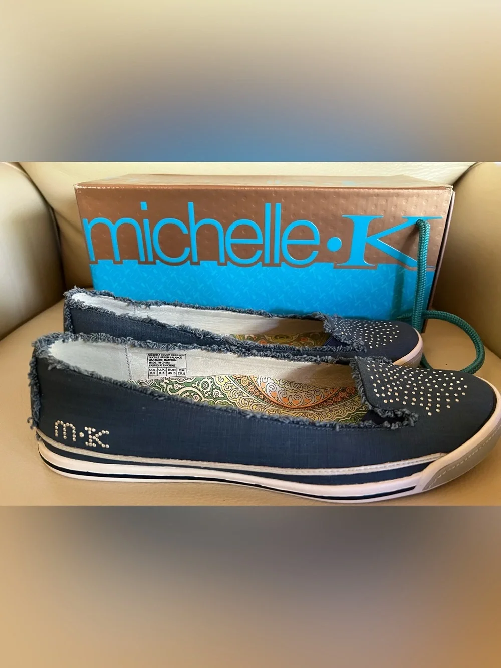 Vintage Deadstock Michelle K Enthrall Karin Navy Rhinestone Slip-Ons 9.5